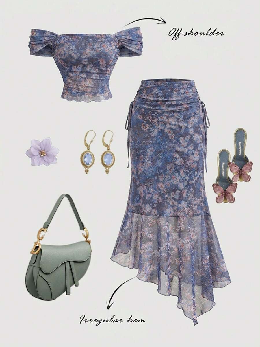 SHEIN MOD 复古绿色油画植物印花网纱两件套,露肩、美人鱼式、不对称下摆设计——完美适用于度假、约会、野餐、派对、舞会和节日庆典 - 淺灰紫 - 查看 1