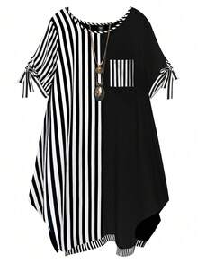 GlowEve CURVE Summer Vintage Loose Colorblock Black And White Round Neck Short Sleeve Bow Casual Plus Size Dress Formal Vacation Birthday - Black and White - View 1
