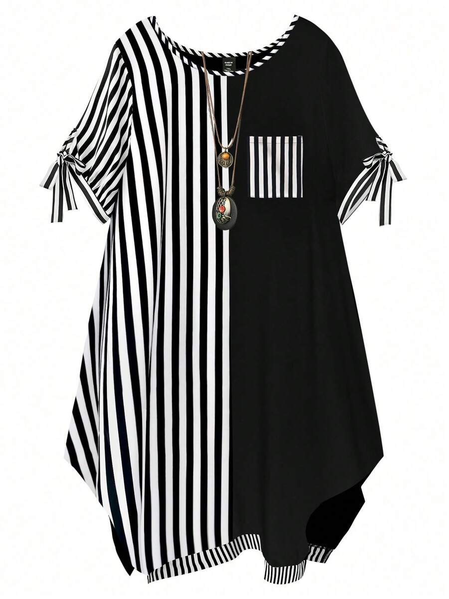 GlowEve CURVE Summer Vintage Loose Colorblock Black And White Round Neck Short Sleeve Bow Casual Plus Size Dress Formal Vacation Birthday - Black and White - View 1