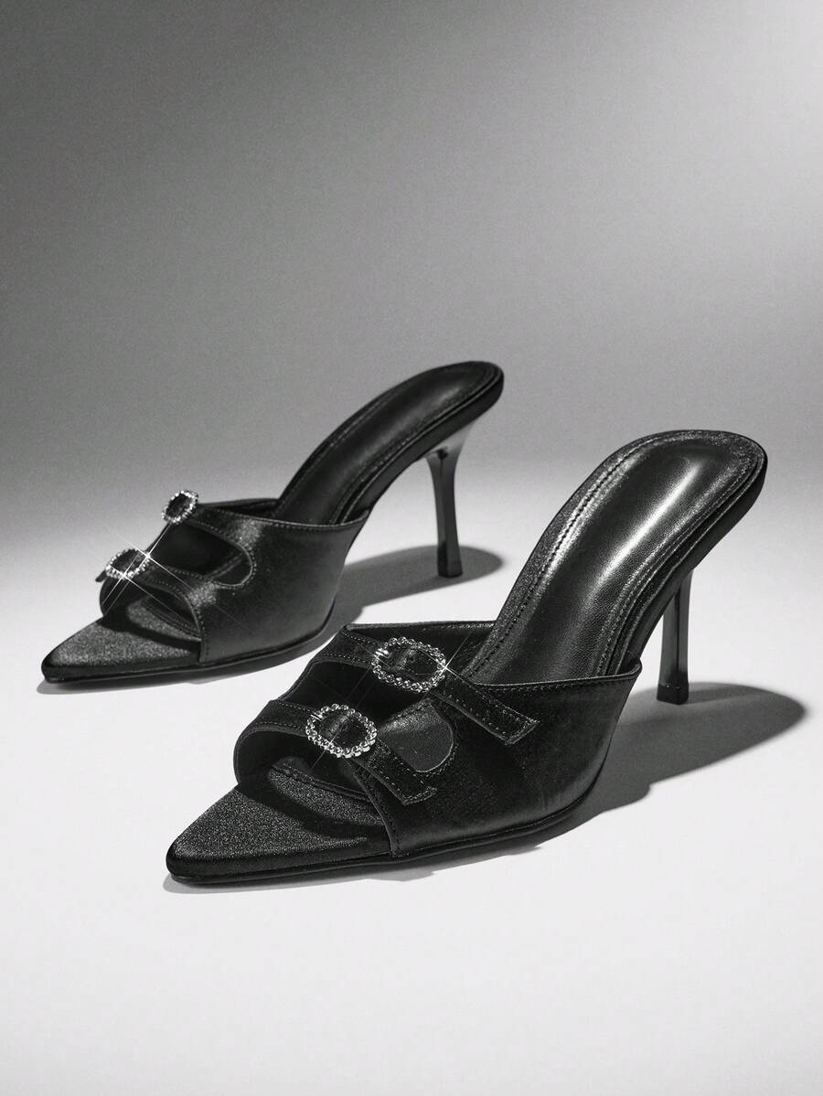 SHUZIA Women Elegant Pointy Toe Rhinestone Buckle Slip-On Heel Sandals - Black - View 1