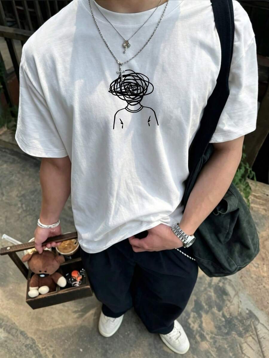Resyla Men 夏季休閒男士寬鬆短袖T恤,抽象圖案設計,百搭極簡風格,適合通勤、外出與戶外活動 - 白色 - 查看 1