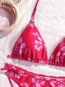 SHEIN 少女沙滩度假夏季粉色碎花吊带比基尼上衣 - 玫紅色 - 查看 5