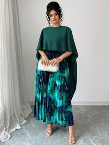 Elenzga Plus Size Green Pleated Design Dress, Suitable For Evening Party, Vacation, Spring/Summer/Autumn Fall - Dark Green - View 5