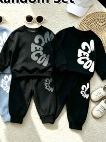 SHEIN 1 Random Set,Baby Boy Blue Letter Print Round Neck Long Sleeve Sweatshirt And Sweatpants Set Fall Autumn Back To School Rib-Knit Outfits - Multicolor - View 3