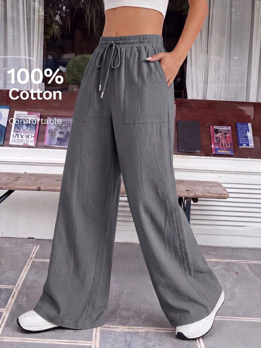 SHEIN EZwear 男士抽繩腰寬腿寬鬆休閒灰色梭織長褲 - 灰色 - 查看 1
