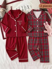 SHEIN 女嬰編織領單口袋愛心圖案休閒睡衣上衣與長褲2件套 - 紅色 - 查看 5