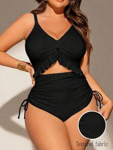 Swim Chiccia 1 件大码女式连体泳衣，特殊面料，深 V 领，可调节肩带，可拆卸垫，荷叶边下摆，抽绳腰部，时尚性感，适合休闲度假和海滩游泳 - 黑色 - 查看 1