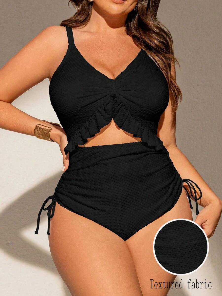 Swim Chiccia 1 件大码女式连体泳衣,特殊面料,深 V 领,可调节肩带,可拆卸垫,荷叶边下摆,抽绳腰部,时尚性感,适合休闲度假和海滩游泳 - 黑色 - 查看 1