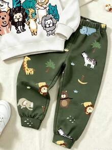 SHEIN 男童奶油色深綠色拼接卡通動物印花毛衣套裝 秋季寬鬆休閒長袖運動風可愛上衣褲子 - 彩色 - 查看 5