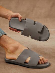 SHUZIA Men's Textured Dark Grey Slide Sandals, Anti-Slip, Comfortable, High-End Feeling Holiday Vacay Vibe For Spring Spring Break Easter Mother's Day Present For Christmas Valentine's Day - Grey - View 2