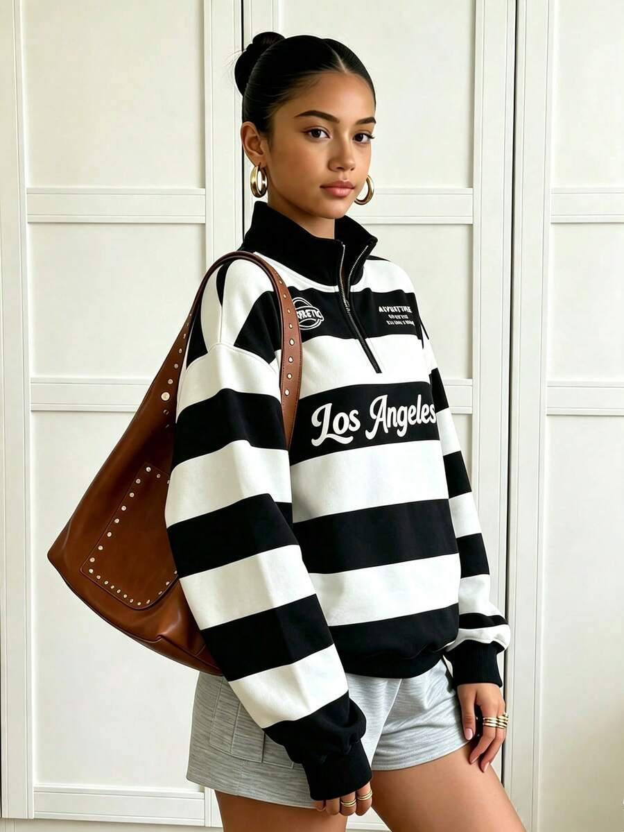 青少年女孩半拉鍊立領日式運動衫 黑白對比寬條紋 黑色英文字母圖案 復古局部印花 適合戶外街頭穿搭 秋冬美式風格 - 彩色 - 查看 1