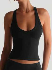 INAWLY Solva Women's Solid Color Back Criss-Cross Cutout Design Fitted Casual Tank Top Everyday Nightout Black Summer - Black - View 3