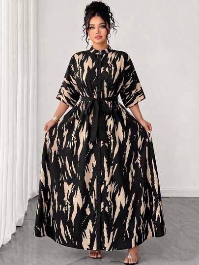 Elenzga Plus Size Spring/Summer Stand Collar Open Front Mid-Sleeve Geometric Black & White Line Minimalist Positioned Print Design A-Line Cinched Waist Slimming Long Sleeve Elegant Commute Exquisite Women's New Black Large A-Line Hem Dress
