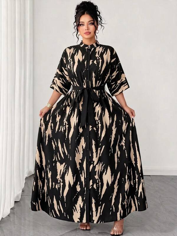 Elenzga Plus Size Spring/Summer Stand Collar Open Front Mid-Sleeve Geometric Black & White Line Minimalist Positioned Print Design A-Line Cinched Waist Slimming Long Sleeve Elegant Commute Exquisite Women's New Black Large A-Line Hem Dress