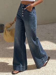 Livesso Women's High Waist Loose Distressed Long Denim Jeans - Dark Wash - View 3