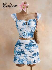 Roelina Setelan 2 Potong Wanita Terbaru dengan Motif Ruffle dan Tali Ikat untuk Musim Panas, Atasan Crop Camisole Seksi untuk Liburan, Rok Mini Ruffle untuk Liburan, Atasan Seksi dengan Tali Ikat, Cocok untuk Liburan, Perjalanan, dan Kencan. - Biru - View 2
