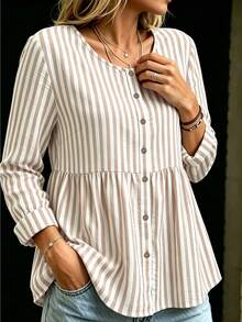 Linhara CURVE Kemeja Kasual Longgar Bergaris Kancing Tunggal Ukuran Besar untuk Wanita, Cocok untuk Musim Gugur. - Khaki - View 3