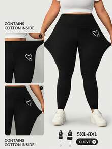 SHEIN CURVE+ 大尺碼女款休閒純色內搭褲，百搭極簡風，適合工作/辦公室/健身房，秋冬保暖內搭褲 - 黑色 - 查看 10