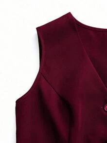 Yalmera Women's Solid Color Button Formal Fitted Vest Jacket - Burgundy - View 4