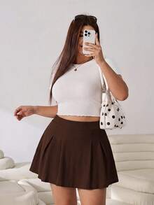 Solflare Brown Casual Plus Size Pleated Design Skorts For Women - Brown - View 6