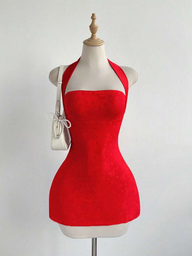 Elamini Spring/Summer Women's Sweet Halter Neck Satin Colorblock Mesh Butterfly Print Pattern, Waist-Cinched Sexy Mini Party Dress, Back Design Bow Tie Lace-Up Cute Sweet - Red - View 1