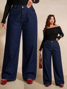 SHEIN PETITE CURVE 大尺碼時尚百搭鈕扣口袋寬鬆牛仔褲 - 藍色 - 查看 3