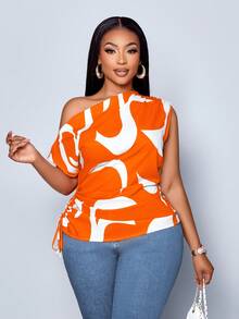 SOLERSUN Blusa asimétrica con hombro descubierto, cordón y fruncido lateral de talla grande con estampado geométrico para mujer, Estampado aleatorio, Top con un solo hombro - Naranja - Ver 5
