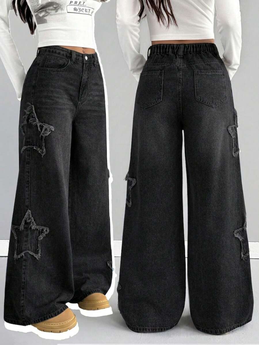 SHEIN Girlism 少女时尚休闲 Y2K 复古酷炫街头风返校学院风流苏星形贴片设计蓝色牛仔宽松阔腿牛仔裤柔软日常穿着秋冬派对及街头服饰 - 黑色 - 查看 1