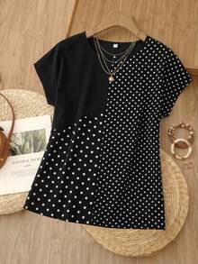 Rusticease Women's Polka Dot Print Round Neck Loose Casual Shirt, Short Sleeve,Short Sleeve Tops - Black and White - View 1