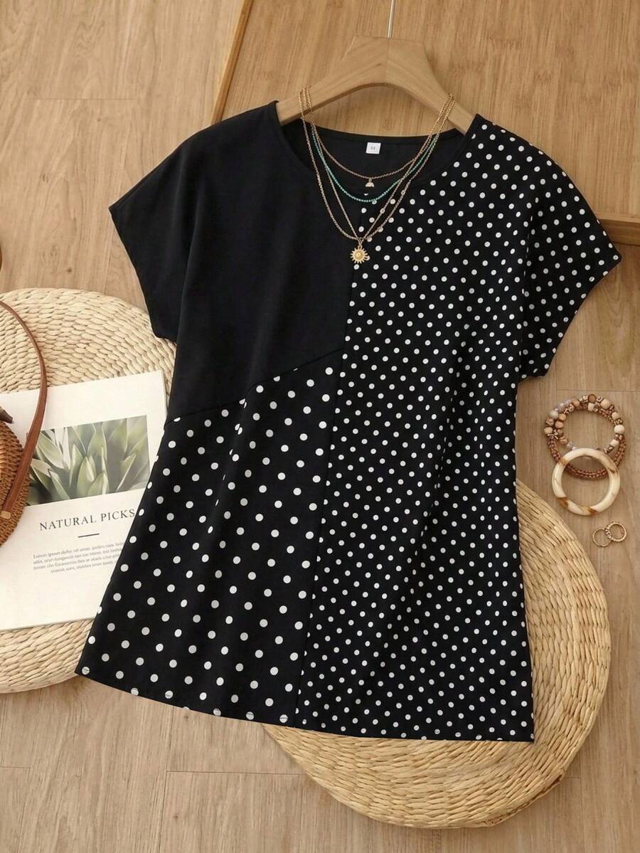 Rusticease Women's Polka Dot Print Round Neck Loose Casual Shirt, Short Sleeve,Short Sleeve Tops - Black and White - View 1