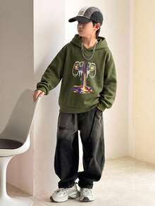 SHEIN Kids Tween Boy Game Console Print Long Sleeve Casual Autumn Sweatshirt - Army Green - View 6