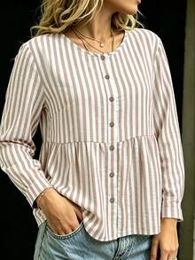 Linhara CURVE Kemeja Kasual Longgar Bergaris Kancing Tunggal Ukuran Besar untuk Wanita, Cocok untuk Musim Gugur. - Khaki - View 6