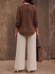 SHEIN LUNE New Plus Size Women's Fashion Casual Versatile V-Neck Coffee-Colored Striped Long Sleeve Pants Set - Multicolor - View 2