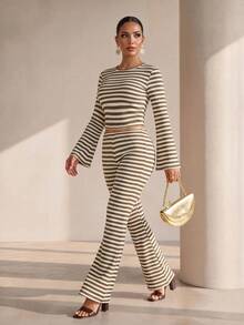 Xyvia Green And White Striped Casual Bell Sleeve T-Shirt And Bell Bottom Pants Set, Minimalist Fashion Style, Suitable For Spring And Autumn Wear, Spring And Autumn Outfit - Multicolor - View 3