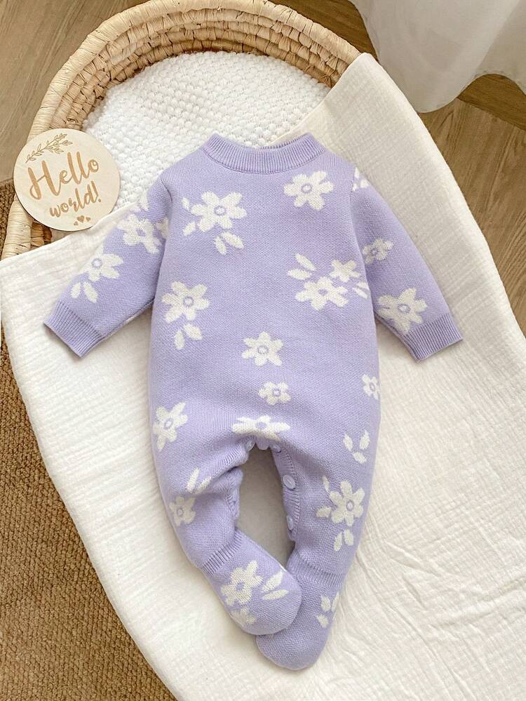 SHEIN 1pc Light Blue Newborn Baby Sweater Romper With Socks, Round Neck Long Sleeve, Cute Bee Embroidery, Minimalist Kawaii Jumpsuit Autumn Fall - Mauve Purple - View 3