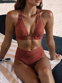 Swim Basics Set Pakaian Renang Bikini Seksi Wanita Musim Panas Warna Polos dengan Tali Leher untuk Pantai - Rust Brown - View 3