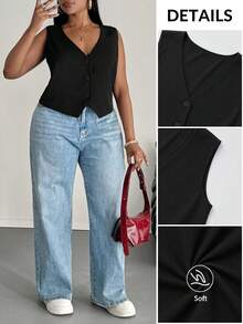 SHEIN PETITE CURVE 大码女式休闲纯色无袖上衣，夏季，商务休闲，适合情人节、夏季假期、派对、婚礼及活动、毕业典礼等场合，优雅休闲，黑色上衣 - 黑色 - 查看 1