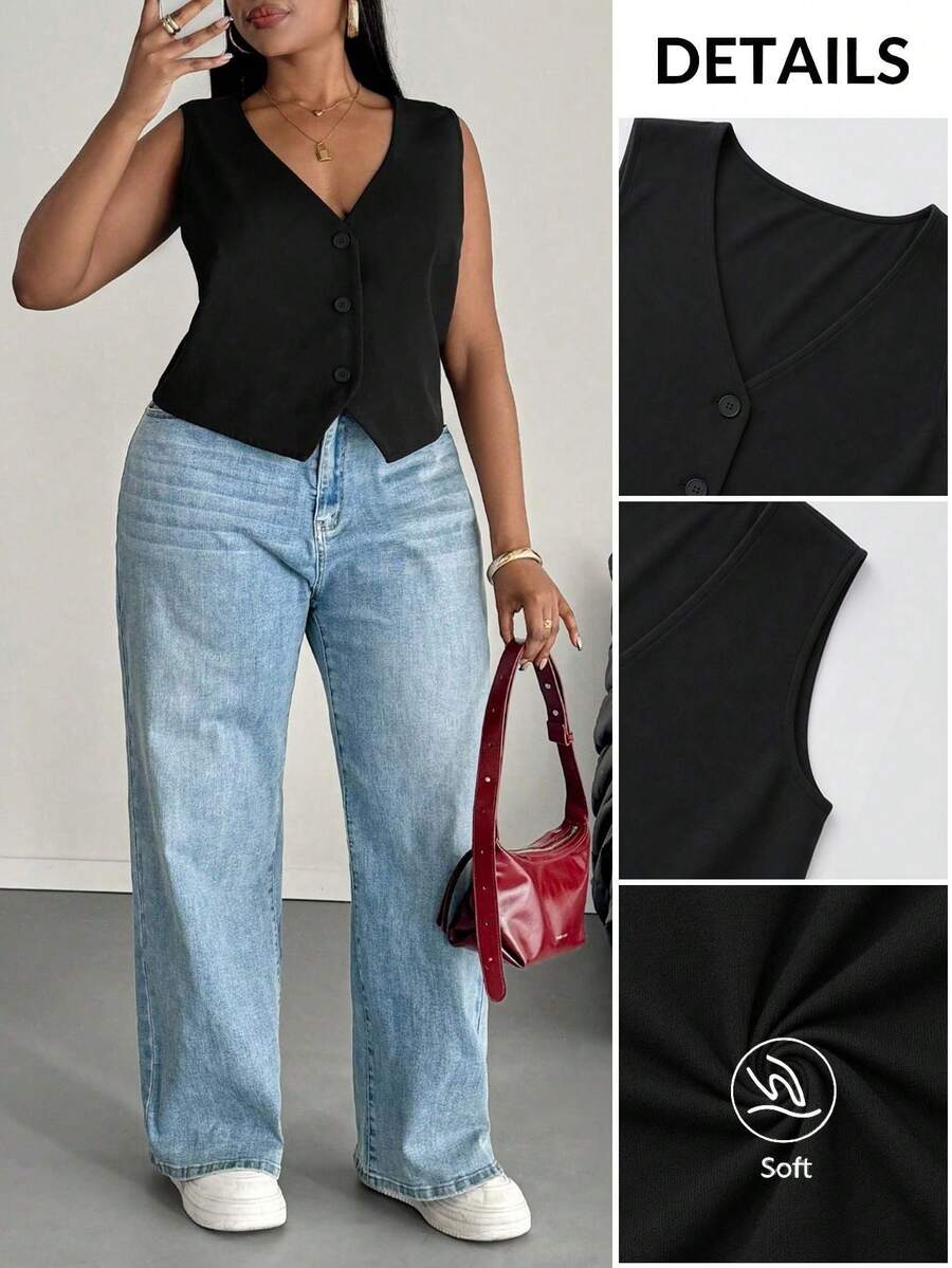 SHEIN PETITE CURVE 大码女式休闲纯色无袖上衣,夏季,商务休闲,适合情人节、夏季假期、派对、婚礼及活动、毕业典礼等场合,优雅休闲,黑色上衣 - 黑色 - 查看 1
