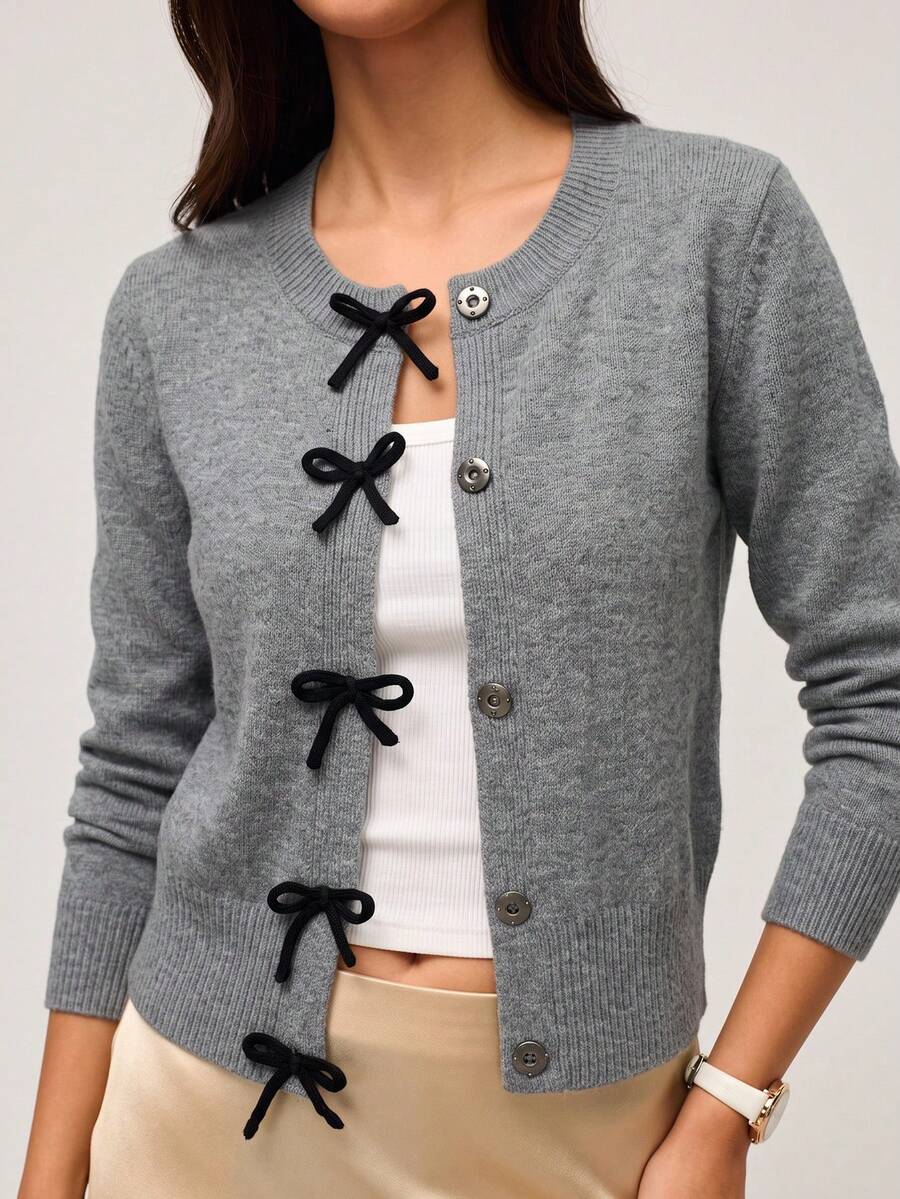 SHEIN Orluneo 女士蝴蝶结纽扣长袖针织开衫,秋冬款 - 灰色 - 查看 1