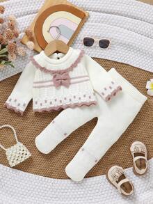 SHEIN Infant Girl Sweater Set, Pink And White With Contrast Ruffle Collar Bow, 2 Pieces Knitted Set, Long Sleeve Cable Knit Sweater Top, Autumn Pullover - Beige - View 11