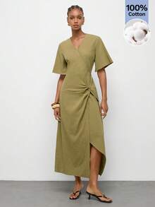 Maija Olive Green V-Neck Fitted Waist Slim Fit Long Dress Twisted Asymmetric Hem Summer Urban French Casual Elegant Women Festival Beach Vacation Brunch - Army Green - View 4