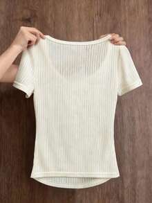 SHEIN Franclia Plus Size Women's Solid Color Fitted Versatile Casual Short Sleeve Top - White - View 3