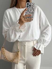 FRIFUL Women's Solid Color Round Neck Casual Long Sleeve T-Shirt - White - View 4