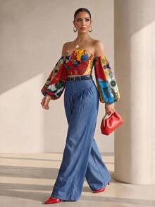 Structelle Bohemian Boho African Print Open Shoulder Petal Sleeve Crop Top Women's Red And Yellow Beach Vacation Holiday Vacation Summer Blouse - Multicolor - View 6