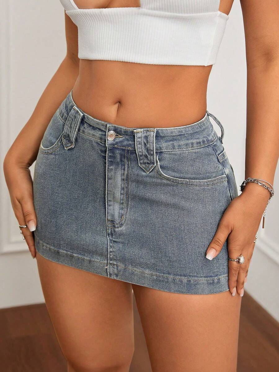 SHEIN ICON Slim Fit Mini Denim Skirt, Washed - Medium Wash - View 1