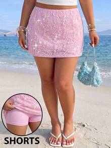 GalTyme Rok Bodycon Elegan Berpayet Bunga untuk Wanita Ukuran Plus - Baby Pink - View 3