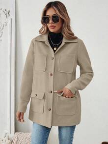 SHEIN PariChic 女款素色單排扣休閒多口袋夾克 - 駝色 - 查看 6