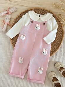 SHEIN Baby Girl Cute Rabbit Patch Pink Corduroy Jumpsuit - Pink - View 4