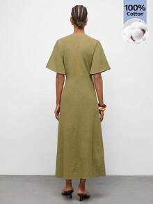 Maija Olive Green V-Neck Fitted Waist Slim Fit Long Dress Twisted Asymmetric Hem Summer Urban French Casual Elegant Women Festival Beach Vacation Brunch - Army Green - View 7
