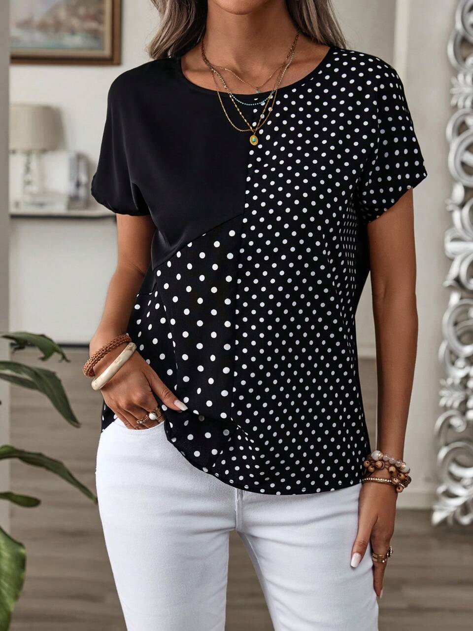 Women's Polka Dot Print Round Neck Loose Casual Shirt, Short Sleeve,Short Sleeve Tops